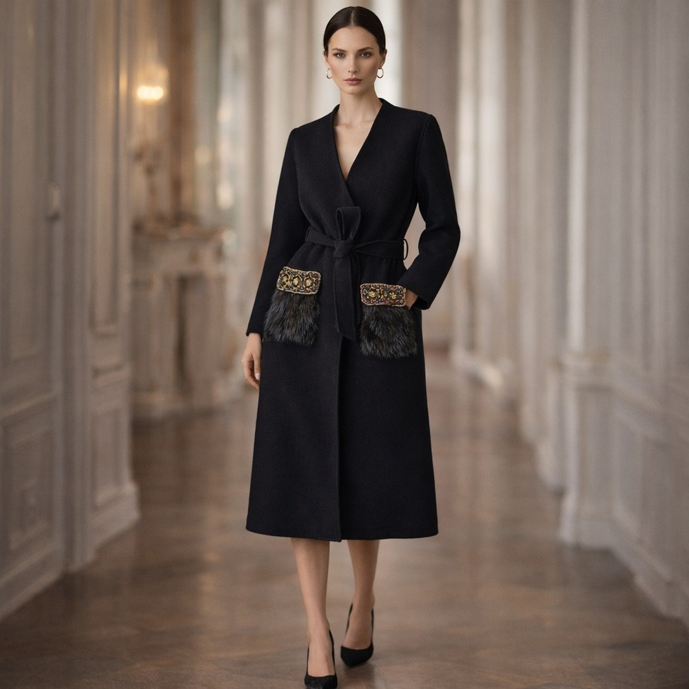 Women's 100% Australian Wool Black Overcoat Embroidered Raccoon Dog Fur Pocket S